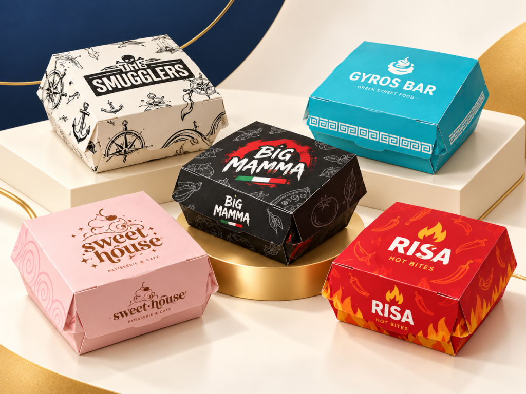 boxes, custom, burgers, display